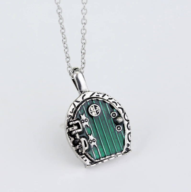 Silver Hobbit Hole, Lord of the Rings Pendant Locket Necklace - Green Door