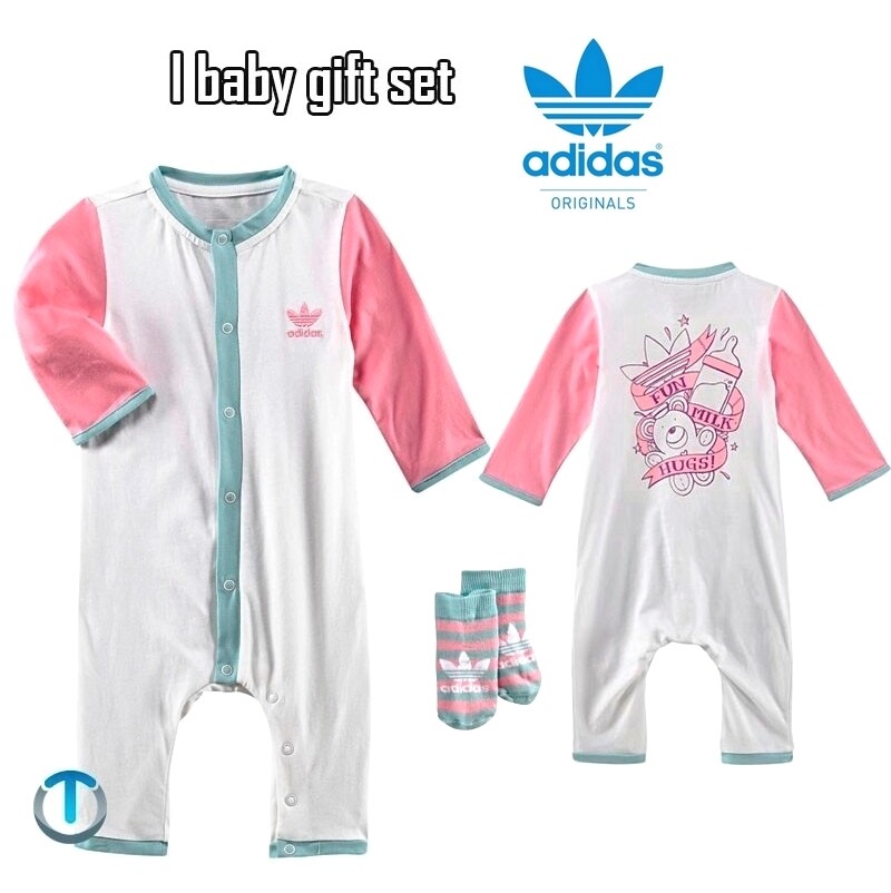 Adidas Baby Geschenk Set Mädchen Strampler + Socken Geburt Body Anzug weiss/pink