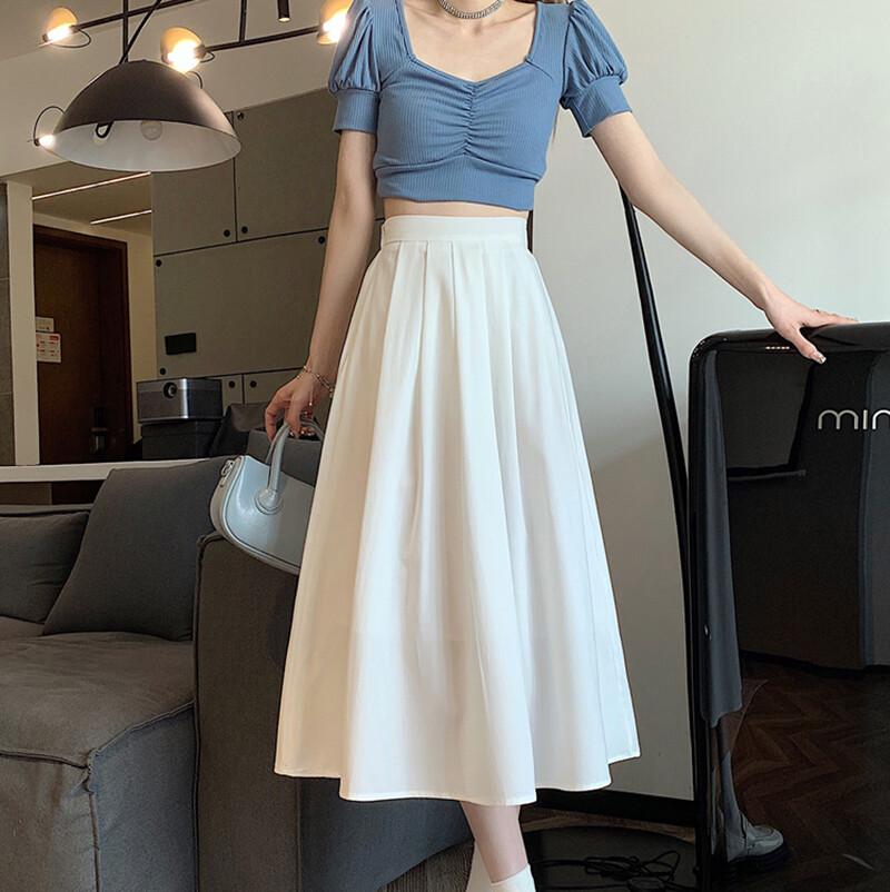 Lady Pleated Ruched Long Skirt Flared Frill A-line Elastic