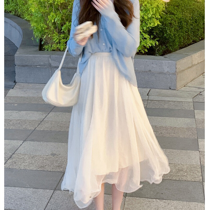 ★2024SS新作★BINARY01★Raon frill check long skirt Elastic Waist 3 Layers Mesh Long Tulle Skirts 2024 Spring