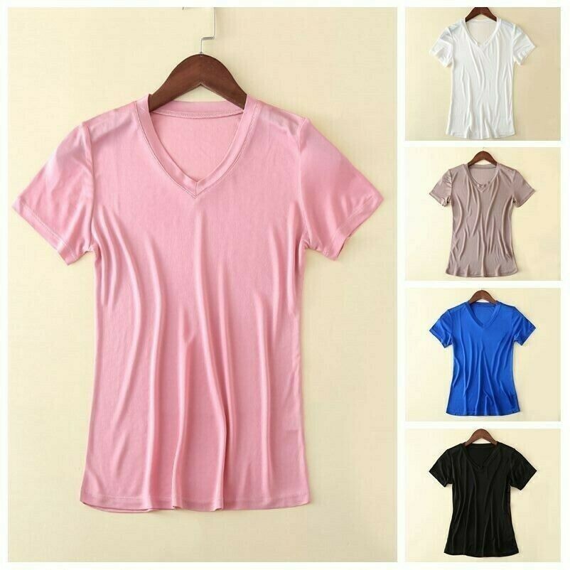 Donna Seta Manica Corta Scollo V T-Shirt Tinta Unita Maglia Casual Retro Comode