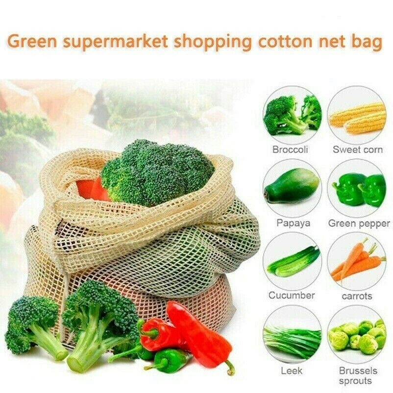 Reusable Cotton Mesh Fruit Bag Drawstring Vegetables Food Kitchen Storage