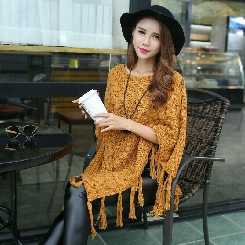 Poncho In Maglia Per Donne Con Frange E Napperoni Wrap Sciarpa Cape Maglione NR9