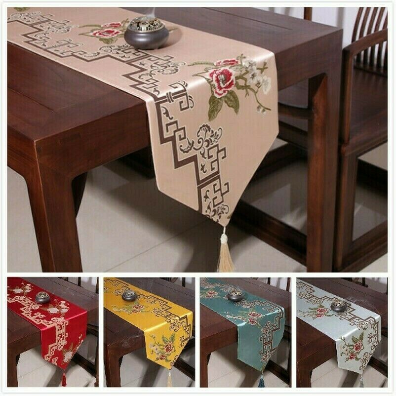 Runner Da Tavola Jacquard Floreale Classico Cinese Retro Con Frange