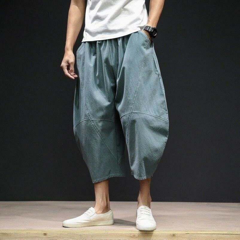 Men Linen Cotton Cropped Pants Loose Harem Oversize Trousers Beach Casual M-5XL