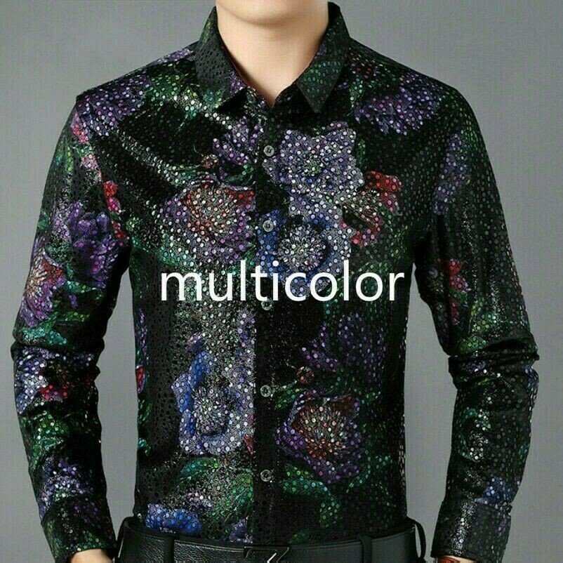 Uomo Velluto Stampato Camicetta Camicie Fiore Pleuche Top Formale Casuale Affari