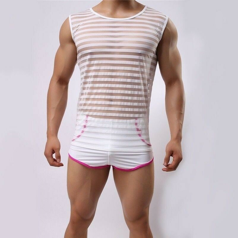 Men Sleeveless Stripe See Through T-shirt Mesh Breathable Stretchy Top Tee Shirt