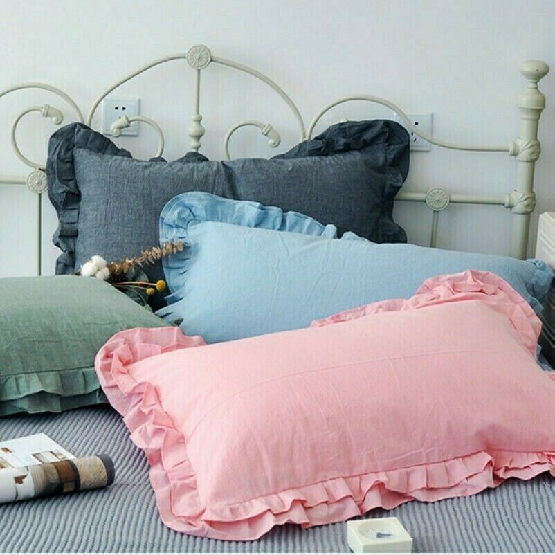 2 X Ruffle Pillowcase 100% Pure Cotton Falbala Bedding Pillowslips French Solid