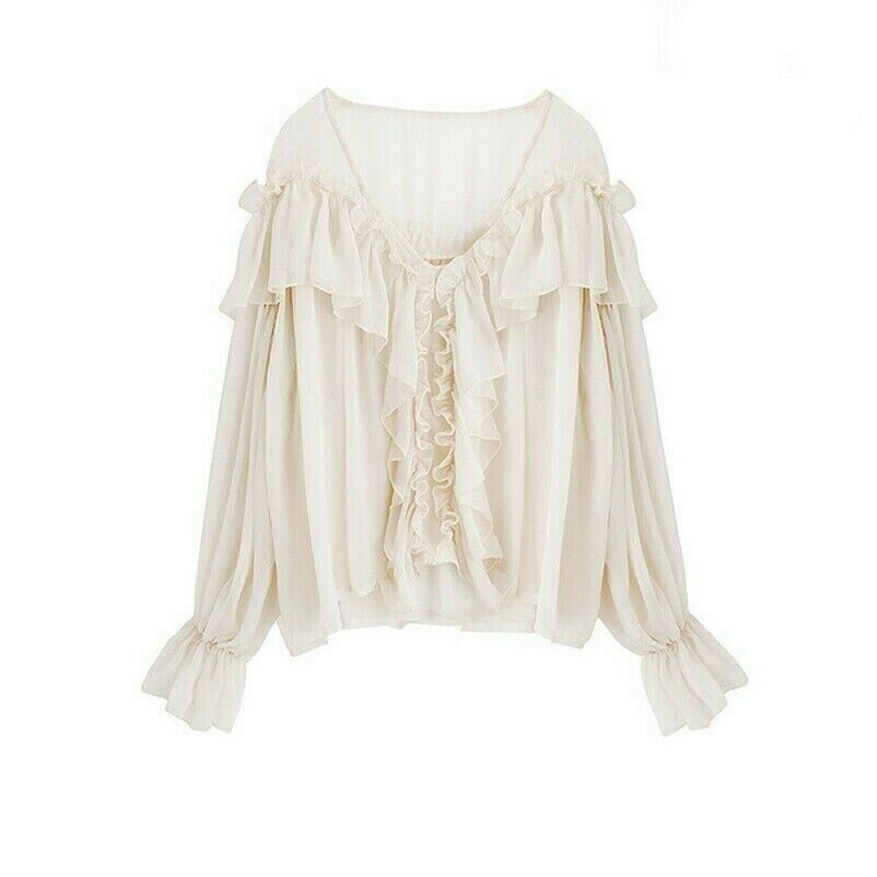 Women Chiffon Ruffles Shirt Mesh Tops Sheer Vintage Pullover Blouse Fairy Flare