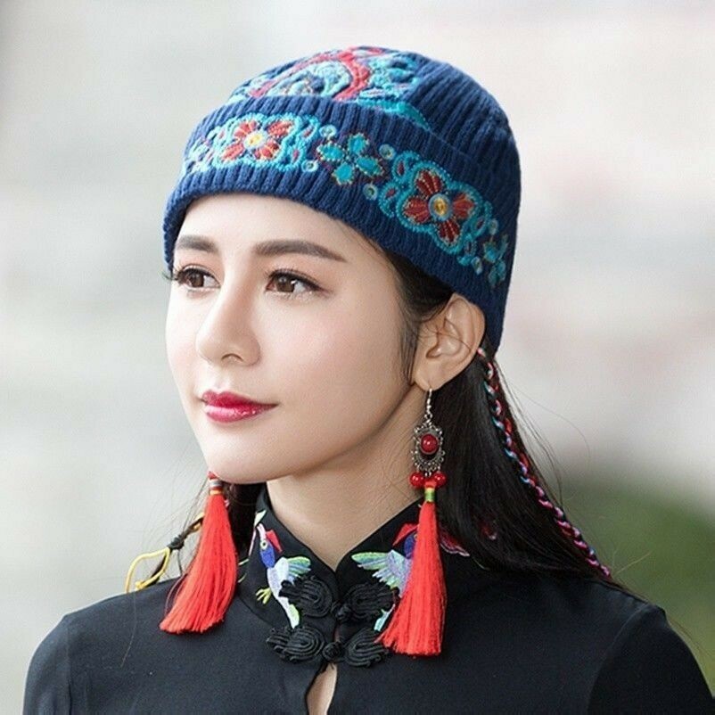 women-knitted-winter-warm-hat-ethnic-turban-head-cap-embroidered-floral-vintage