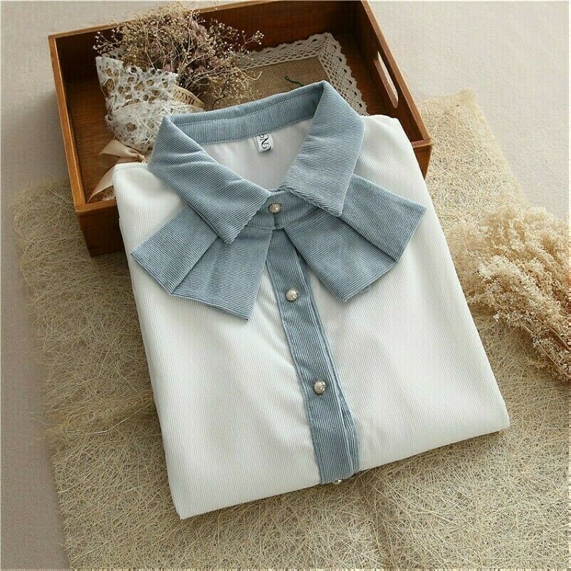 Donna Velluto Camicia Blusa Staccabile Fiocco Cravatta Perla Finta Bottone Top
