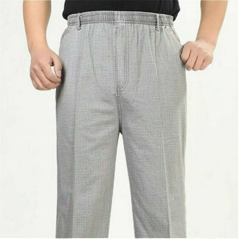 Estate Uomo Cotone Lino Elastico Gamba Dritta Pantaloni Casual Morbido Moda Blu
