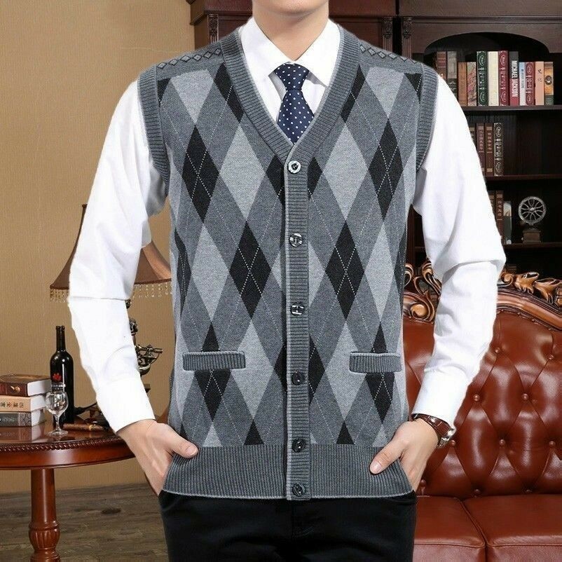 Men Knitted Checked Waistcoat Sleeveless Cardigan Sweater Tank Top Gilet Vintage