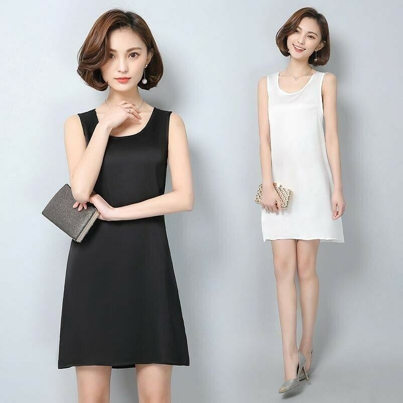Donna Chiffon Abito senza maniche sottoveste canotta camicia da notte Bianco