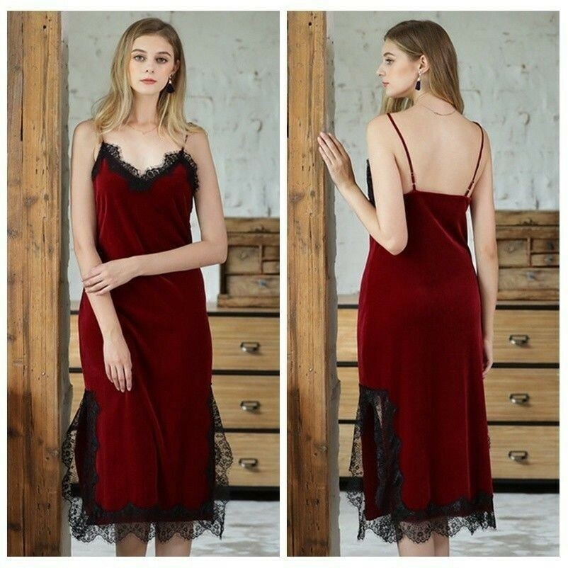 Women Velvet Lace Full Slip Dress V Neck Strap Slim Petticoat Sleepwear Vintage