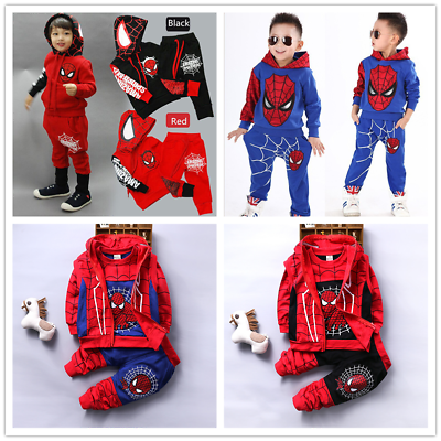 Kids Baby Boys Cartoon Spider-Man Outfits Sweater Tops Pants Hooded Cotton  Dress