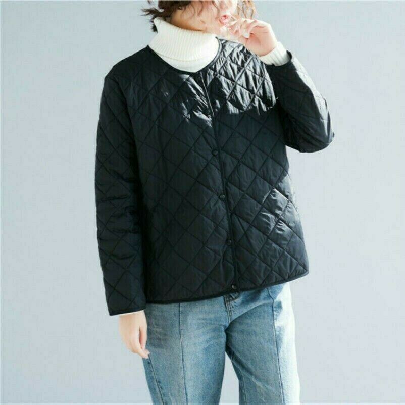 Women Short Puffer Coat Quilted Padded Round Neck Button Down Jacket Casual