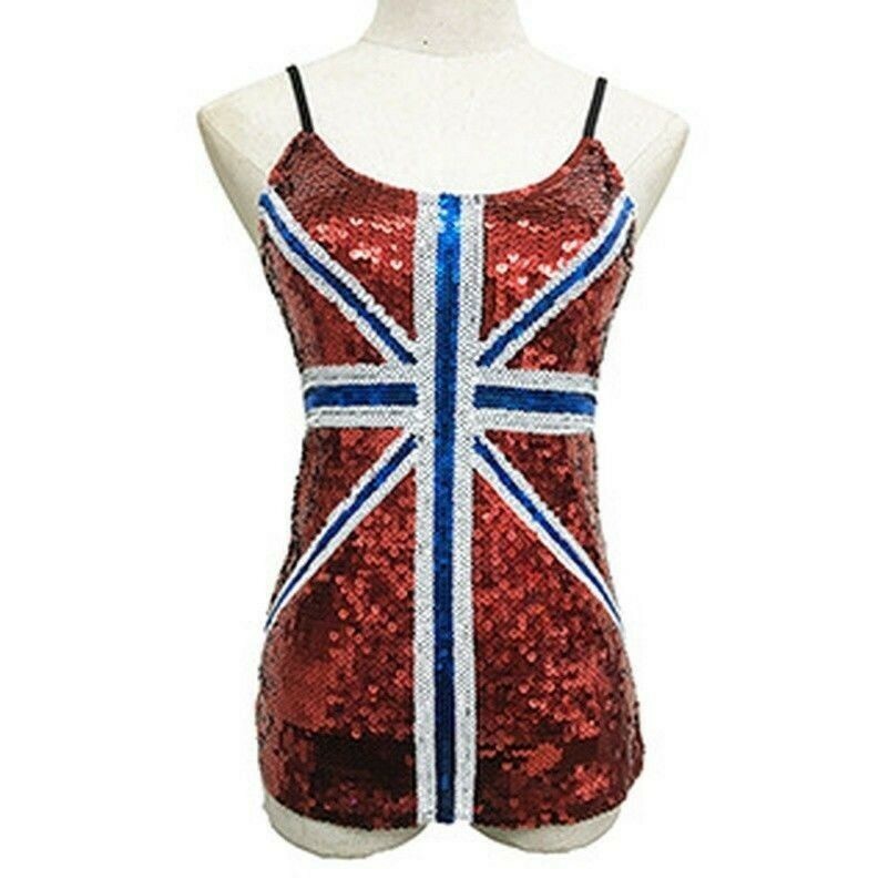 Donna Union Jack CANOTTA BANDIERA INGLESE Bling Paillettes Maglia FESTA COSTUME