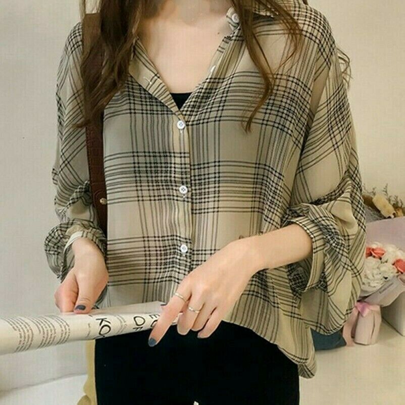 Women Chiffon Plaid Blouse Check Shirt Loose Asymmetric