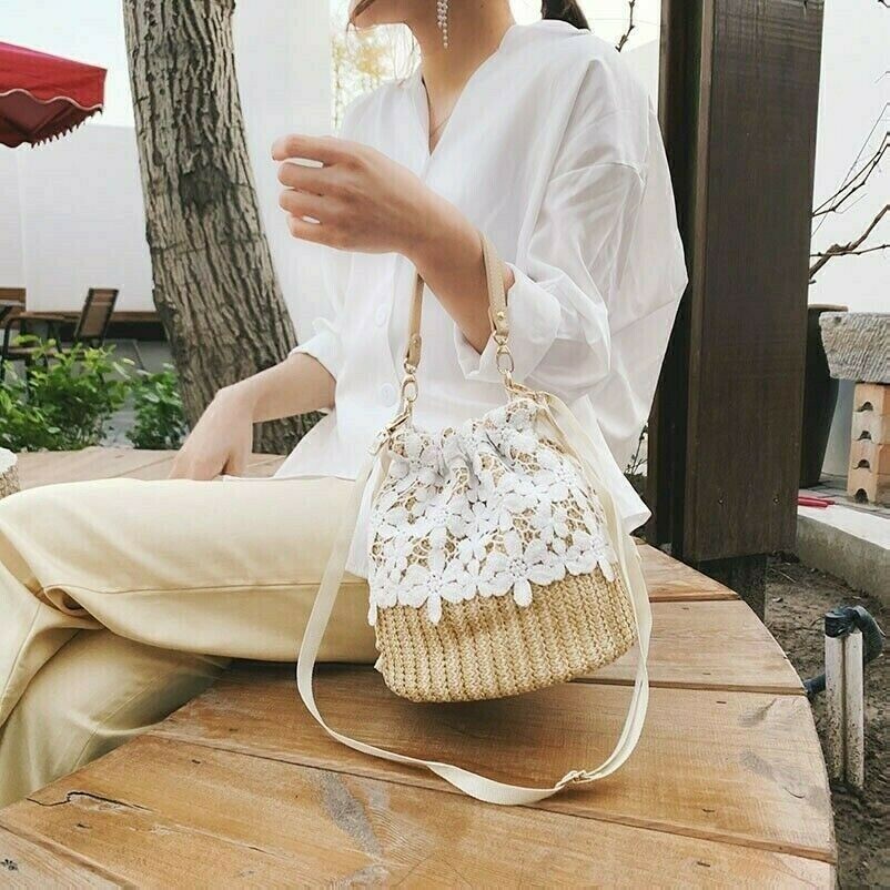 Donna Intrecciato Secchio Borsa Pizzo Paglia Coulisse Boho Etnico Stile Spiaggia