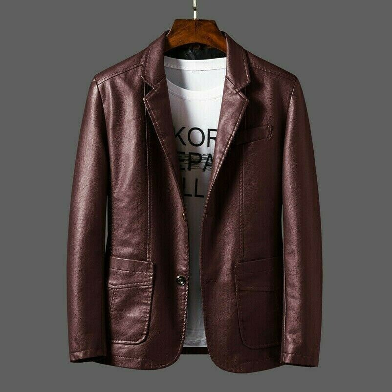 Herren Kunstleder Jacke Blazer Mantel Top Outwearlinie Freizeit Schwarz Mode Neu