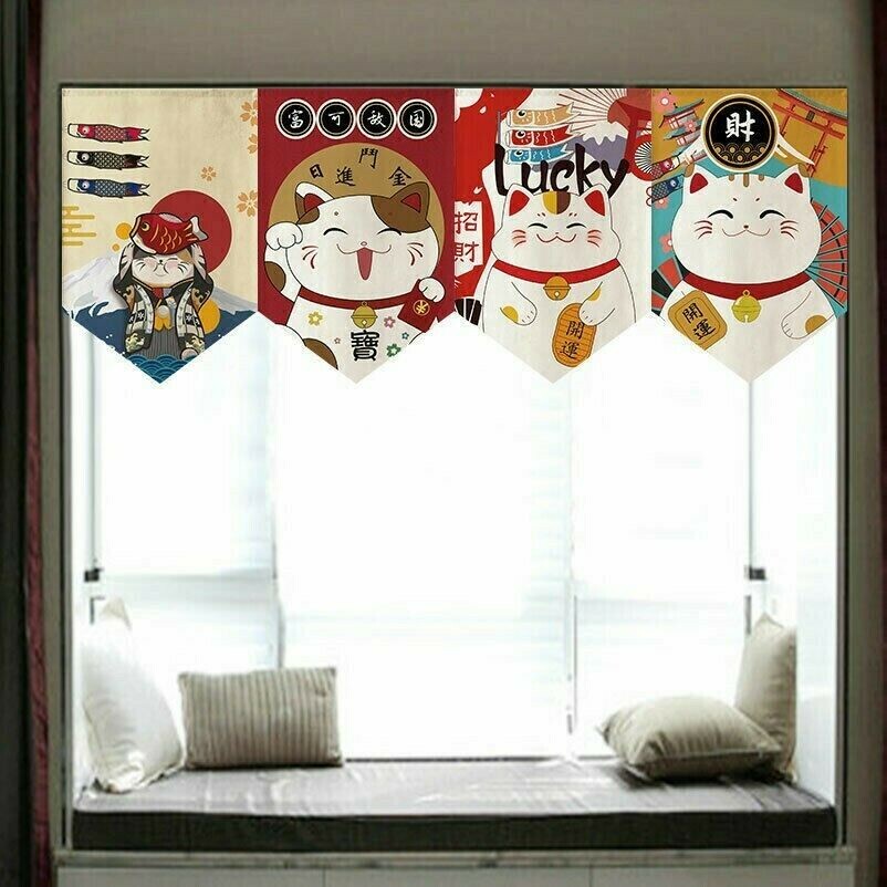 Japanese Noren Doorway Curtain Lucky Cat Print Triangle Valance Feng Shui