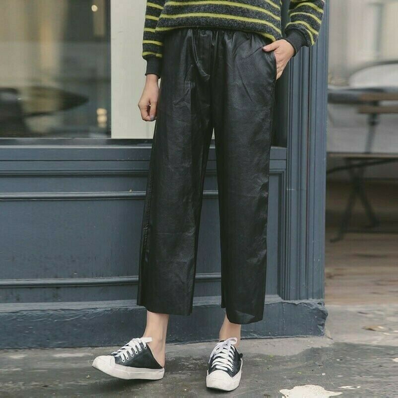 Donna PU Gamba Larga Pantaloni Harem Similpelle Vita Alta Casual Palazzo Caldo
