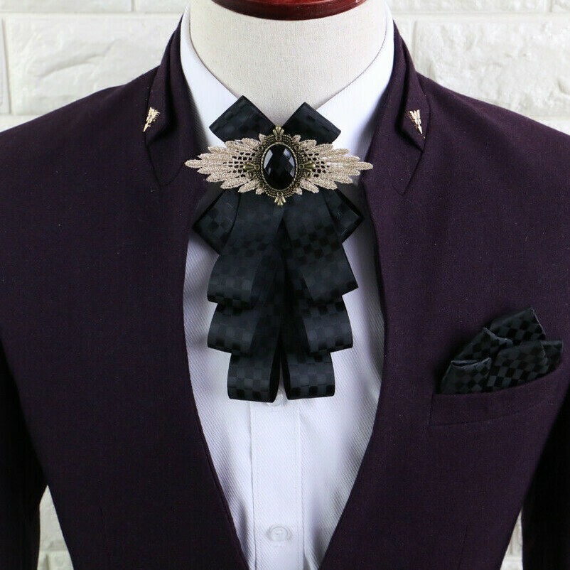 Men Groom Pre Tied Necktie Check Rhinestone Multi-layer Bow Collar Wedding Party