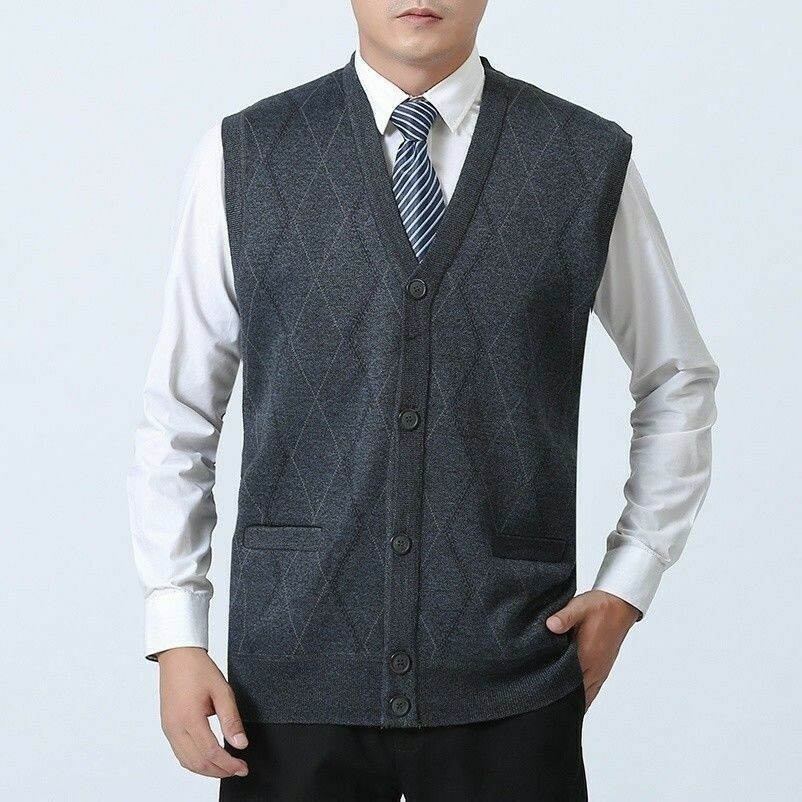 Men Vest Waistcoat Gilet Knitted Sleeveless Tank Top Cardigan Sweater Winter