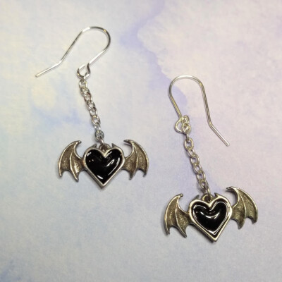 Alchemy Gothic Pewter Enamel Black Soul Winged Heart Drop Earrings UK Made E443