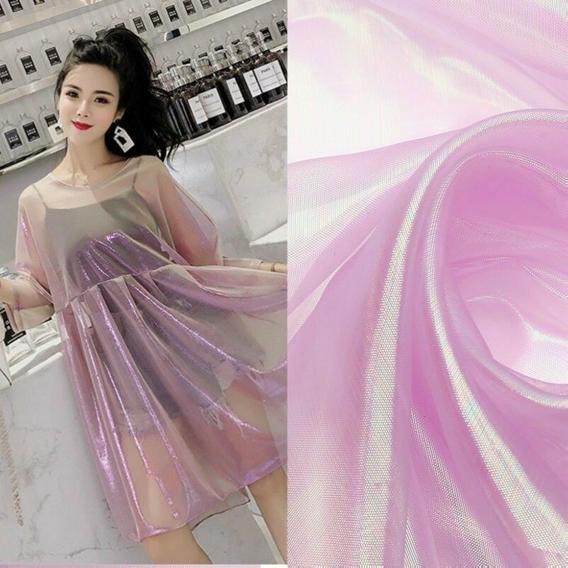Iridescent Rainbow Crinkle Organza Fabric Glitter Mesh Costume Curtain Cloth DIY