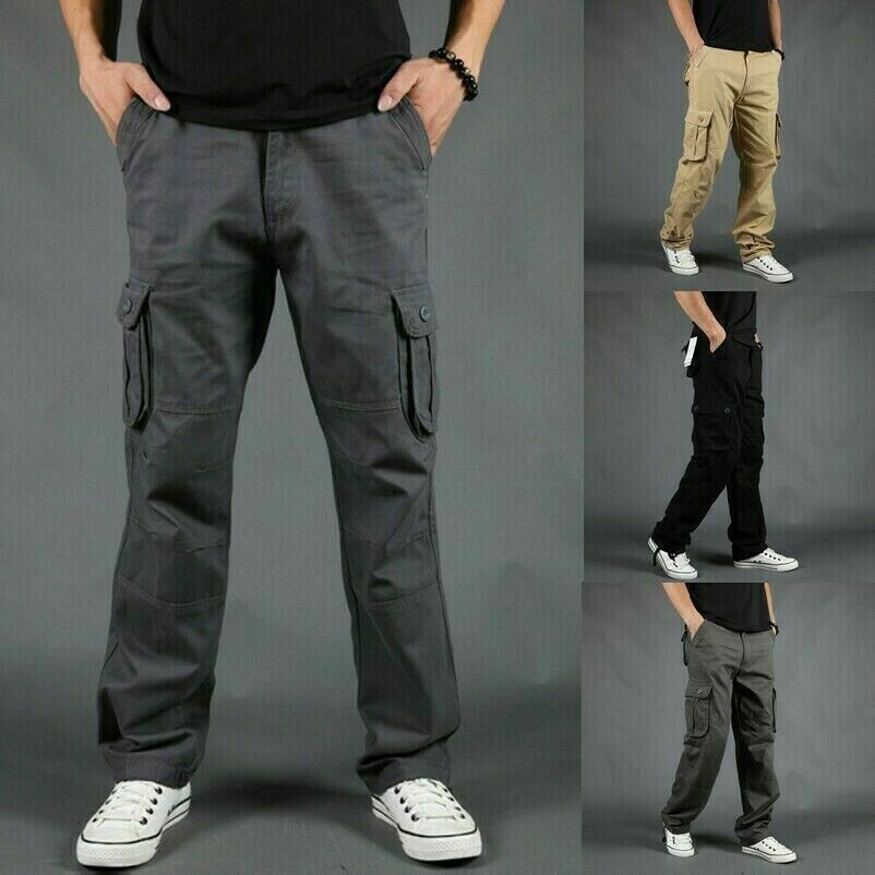 Hommes Cargo Pantalon Militaire Combat Poches Étui Droit Jambe Décontracté