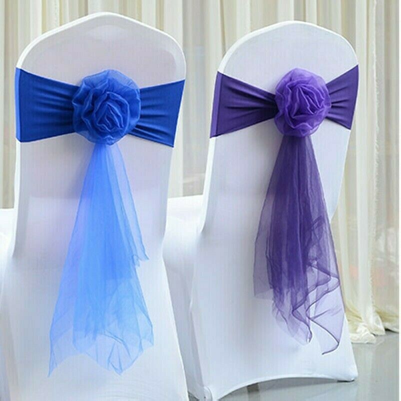 10PCS Chair Cover Sash Bow Spandex Stretch Tulle Flower Band Wedding