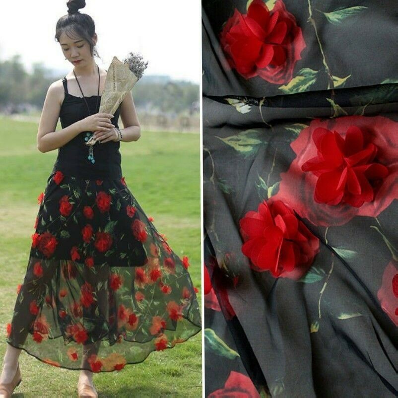 3D Embroidered Flower Sheer Chiffon Fabric Bridal Wedding Dress Cloth 100*150 cm