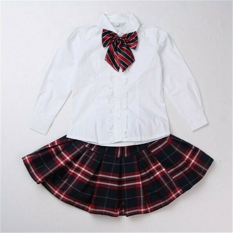 3Pcs Girls Frilly Shirt + Pleated Skirt Bow Tie Preppy Set Pupil Cosplay Costume