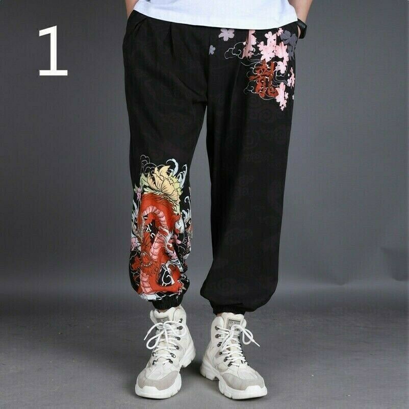 Herren Haremshose Hose Locker Freizeit Drachen Vintage Baggy Mode Schwarz