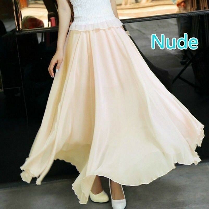 Frauen-Dame Chiffon Langer Rock eine Linie Elastisch Hohe Taille Swing Boho