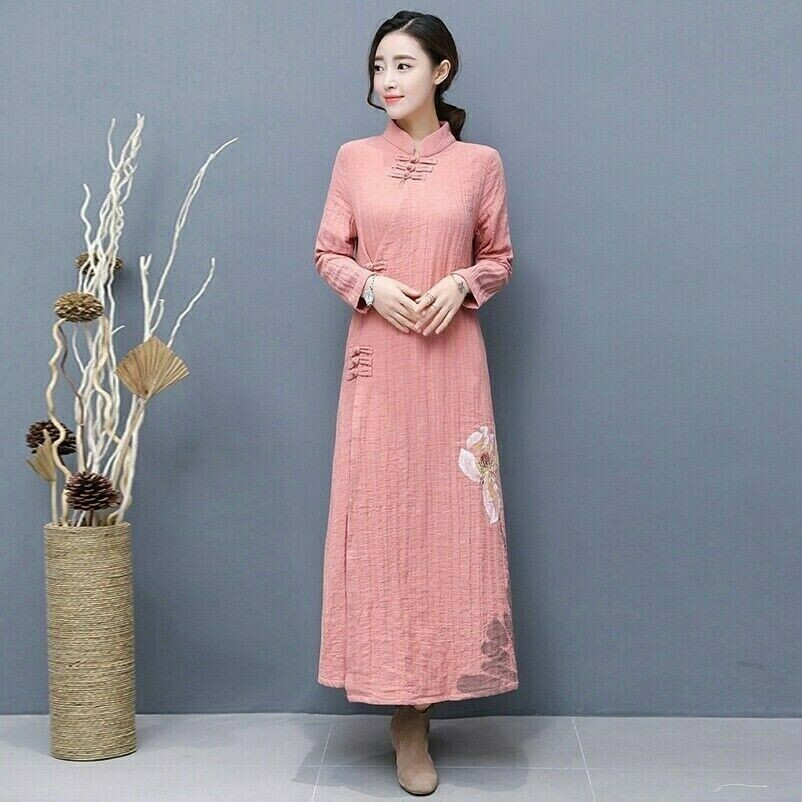 Damen Baumwolle Leinen Cheongsam Qipao Lang Kleid Blumen Mandarinkragen Ethnisch