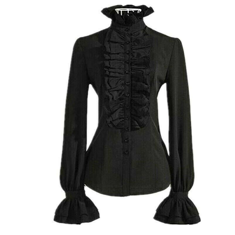 Damen Lolita Hemd Bluse Rüschen Stehkragen Flare Slim Top Gothic Viktorianisch