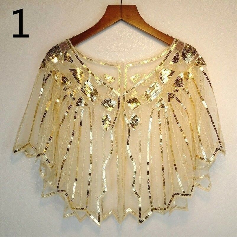 Ladies 1920s Shawl Wraps Sequin Evening Cape Bridal Bolero Flapper Vintage Gold