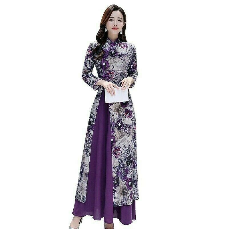 Damen Cheongsam Qipao Langes Kleid Blumenmuster Mandarinkragen Ethnisch Bestickt