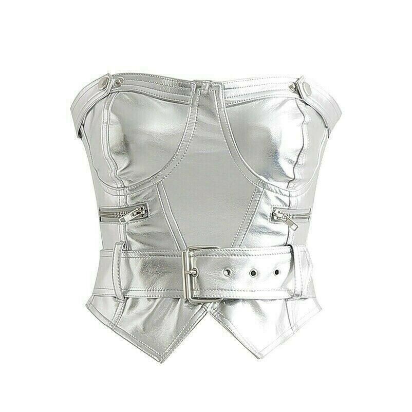 Damen Kunstleder Bustier Top Bauchfreies Top Bandeau Bluse Trägerlos Punk Club
