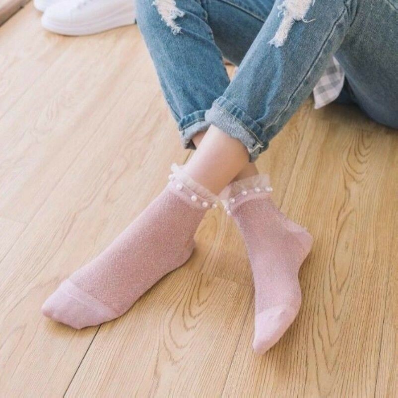 5 Paar Damen Netz Schier Söckchen Spitze Kunstperle Glitzer Glänzend