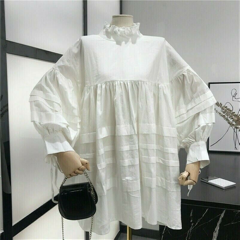 Damen Mädchen Langes Shirt Bluse Top Kleid Puffärmel Lolita Vintage Locker Süß