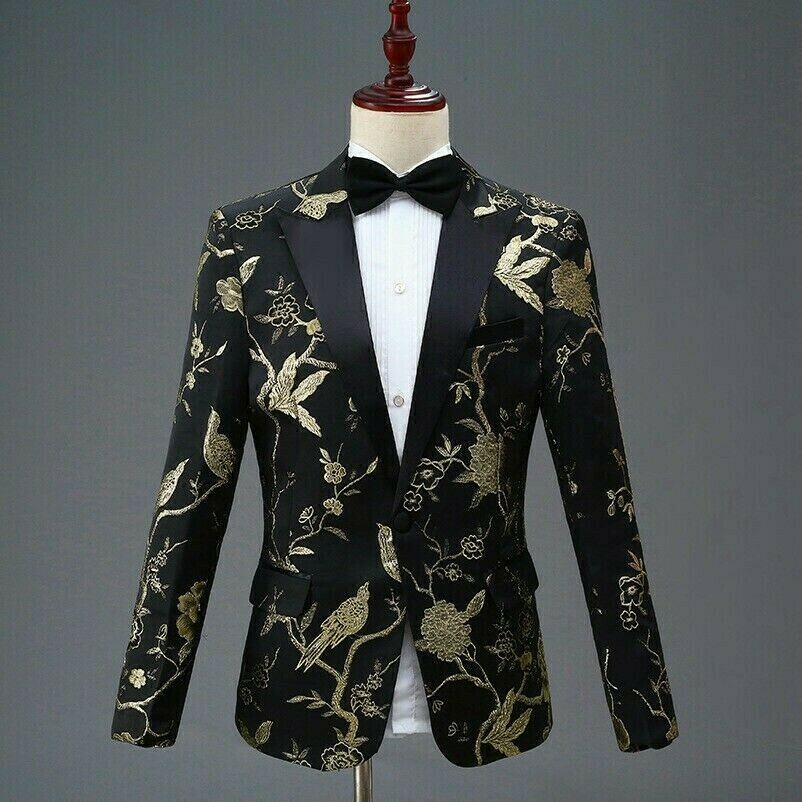 Herren Bestickt Anzug Spitze Revers Blazer Hochzeit Chinesisch Jacke Hose
