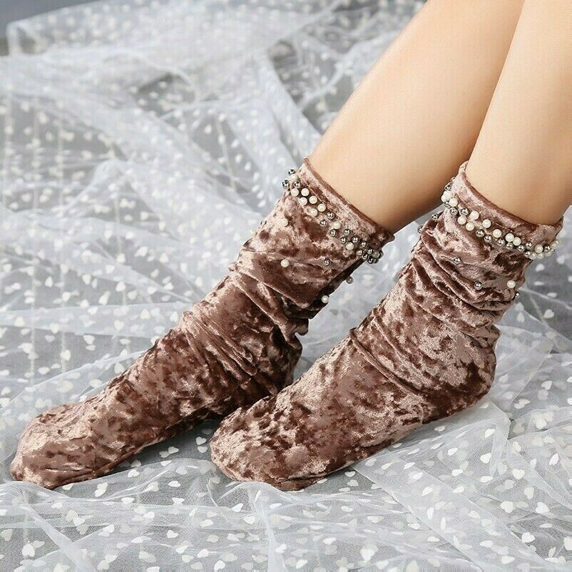 1 Paio Donna Velluto Alto Mezzo Tubo Loose Calzini Perline Chic Caldo Morbido