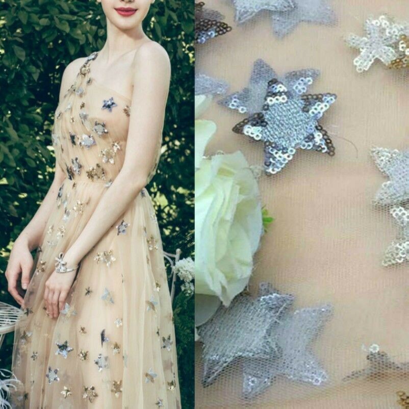 Embroidered Star Sequins Fabric Mesh Net Tulle Tutu Dressmaking Craft Material