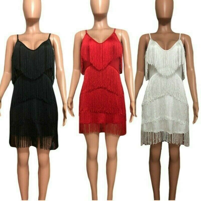 Damen Kleid Franse Quaste Flapper Gatsby Abend Party Club Midi Vintage
