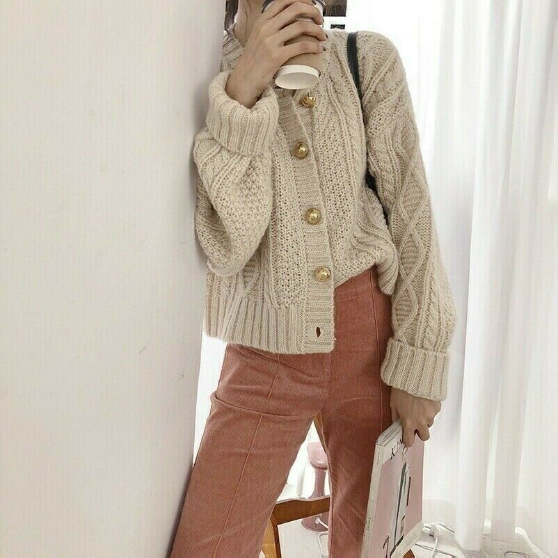 Damen Grob Gestrickt Pullover Strickjacke Gerippt Mantel Bottons Retro Mode