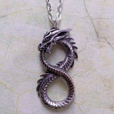 Alchemy Gothic Pewter Infinity Dragon Ouroborus Pendant Necklace UK Made
